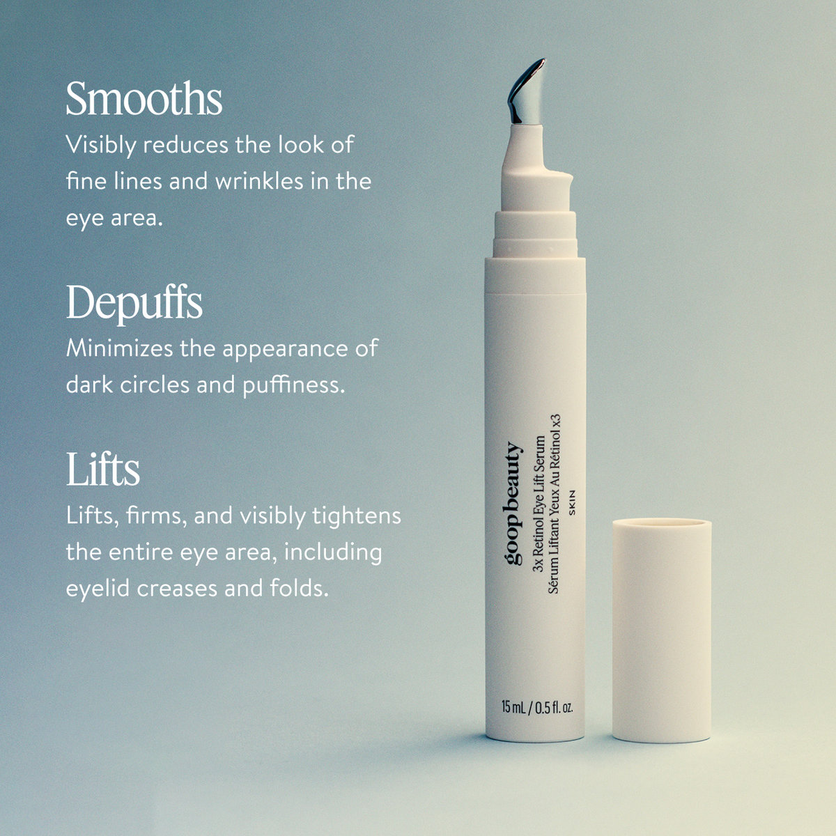 Firming eye serum with triple retinoids to smooth lines, reduce puffiness, and brighten dark circles.