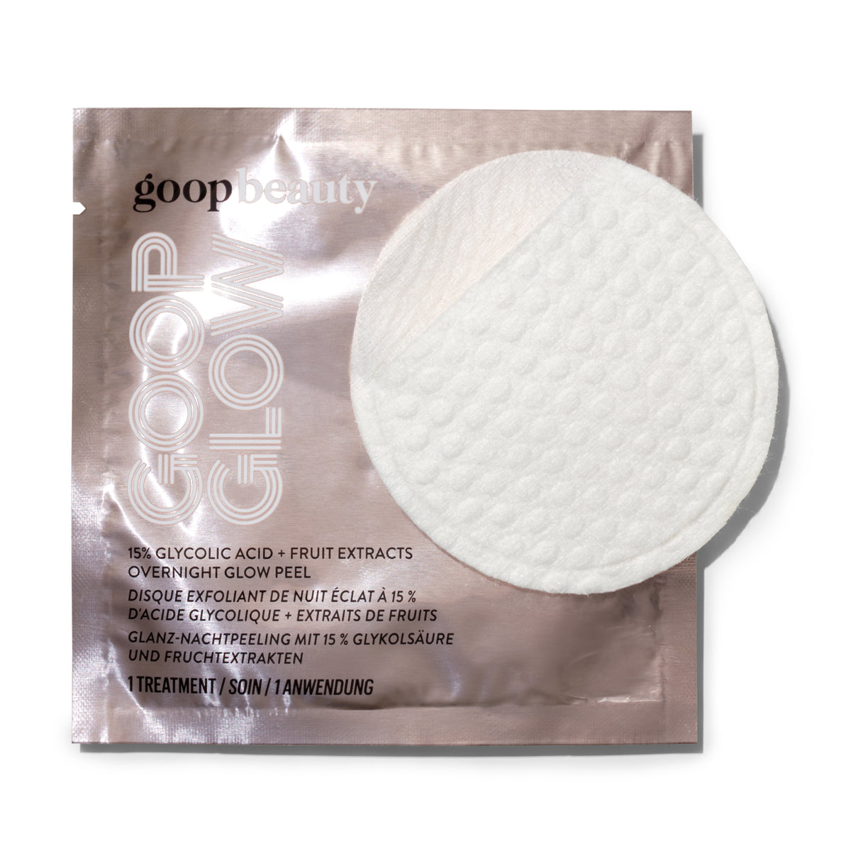 Overnight exfoliating peel pads with 15% glycolic acid and fruit extracts visibly smooth, brighten, and refresh skin for a radiant glow.