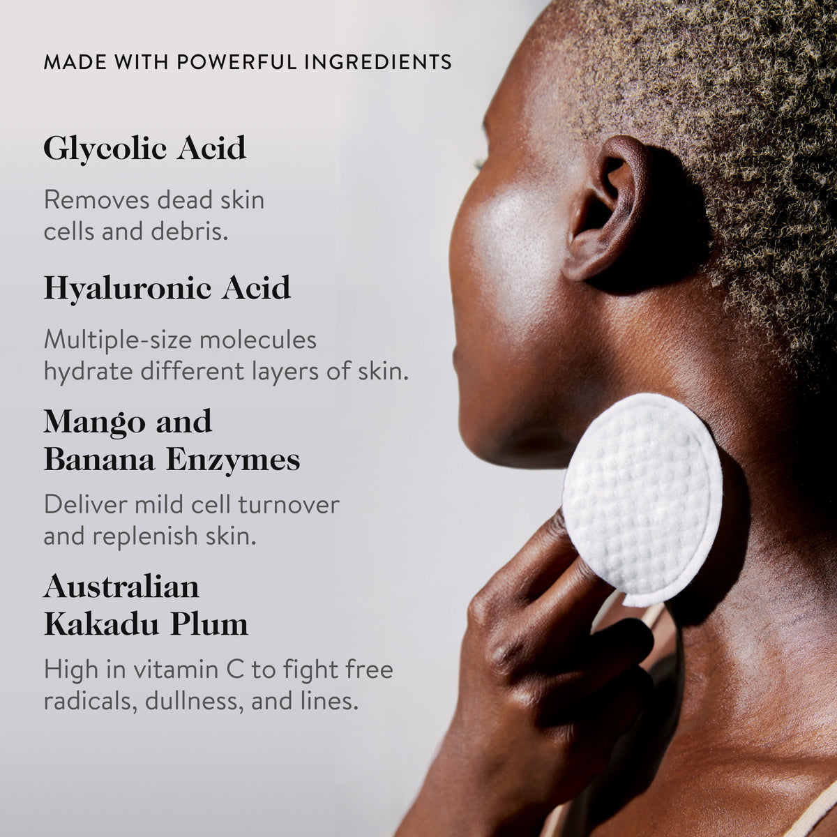 Overnight exfoliating peel pads with 15% glycolic acid and fruit extracts visibly smooth, brighten, and refresh skin for a radiant glow.