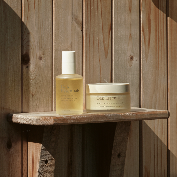 Moisture rich body oil and body cream sitting on a wooden spa exterior at Thirteen Lune