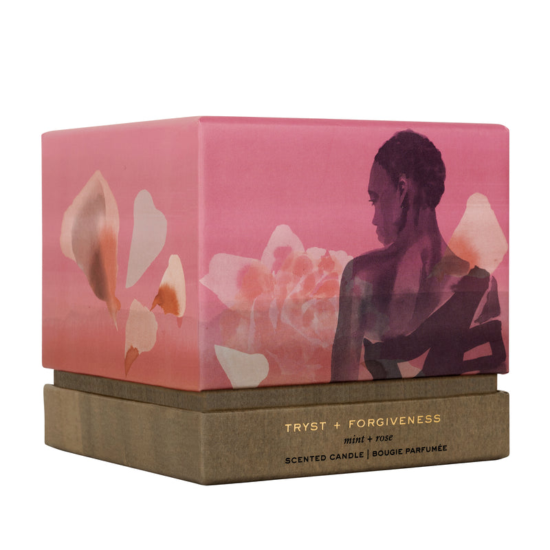 A rose + mint candle that combines fresh basil and mint with soft violet, rose, and moss, evoking a serene and introspective ambiance with up to 40 hours of burn time.