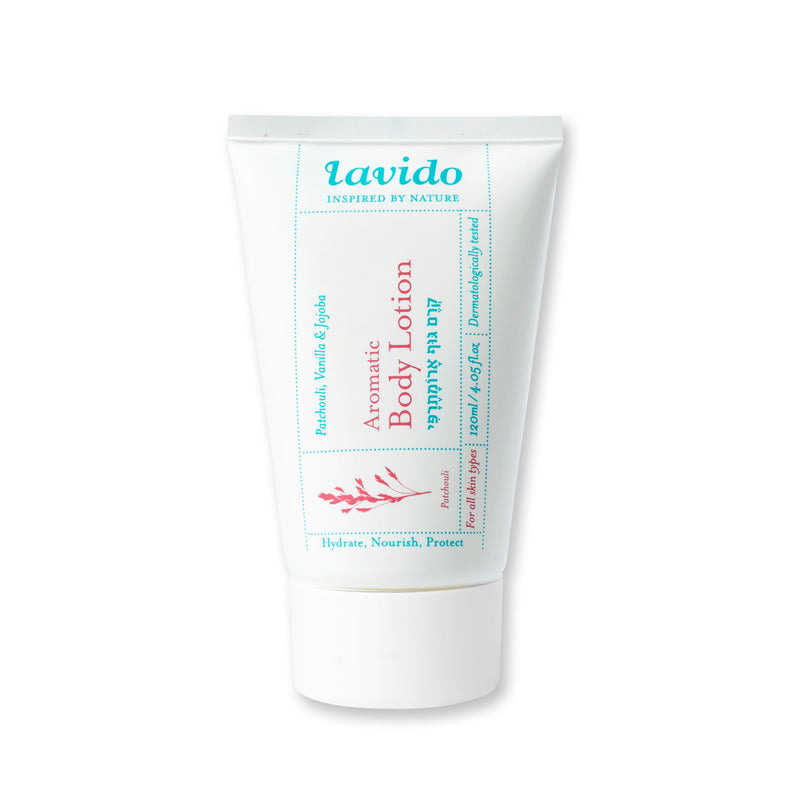 A nourishing, hydrating body lotion with shea butter, aloe, and jojoba, scented with patchouli and vanilla.