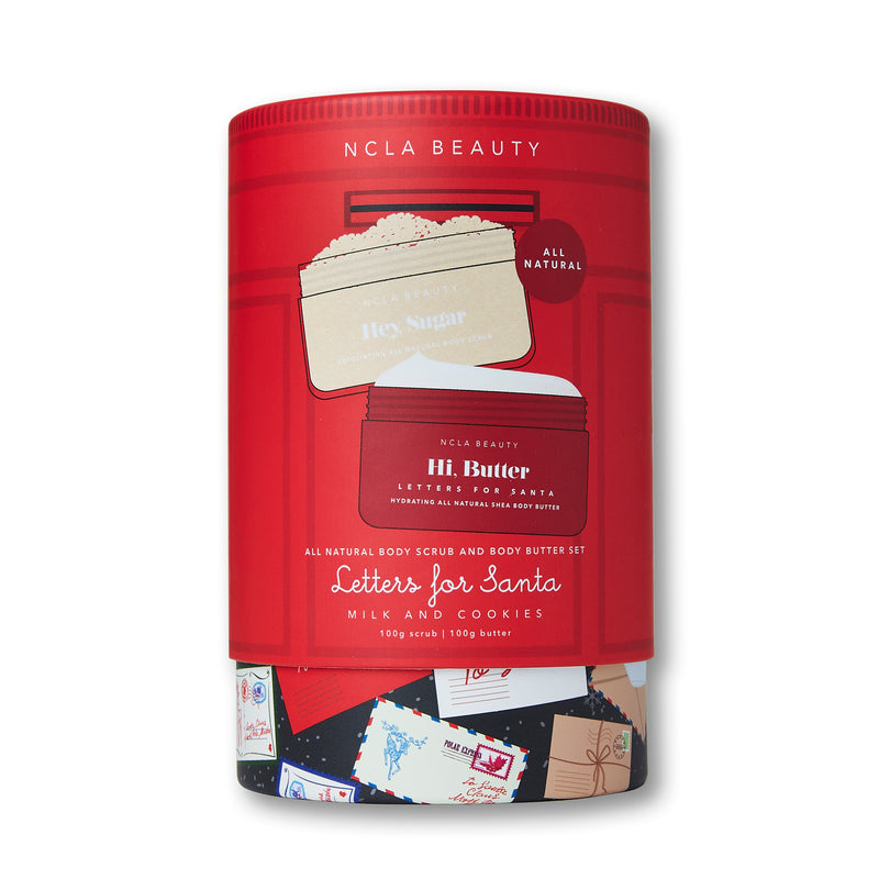 A scrub and body butter duo in a festive milk and cookies scent.