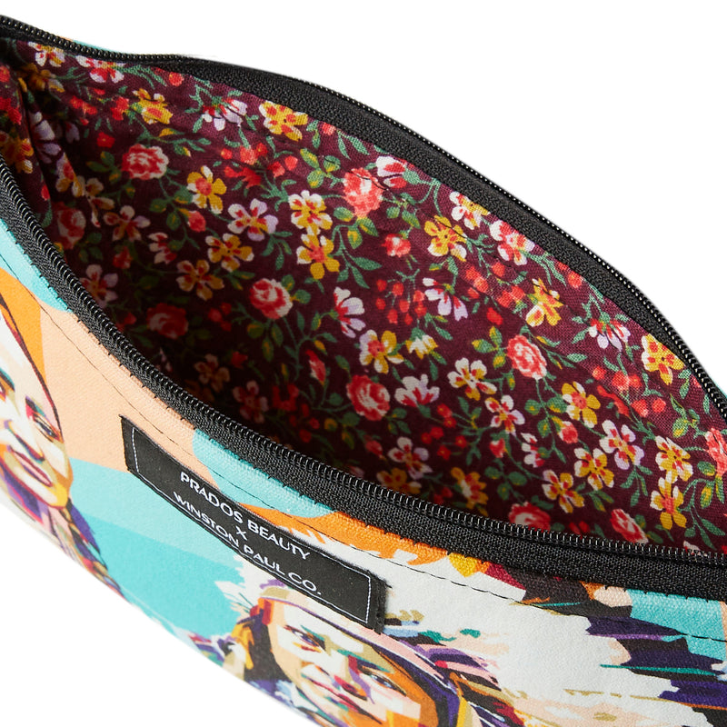 A colorful makeup bag that keeps your brushes and makeup neatly organized on the go.