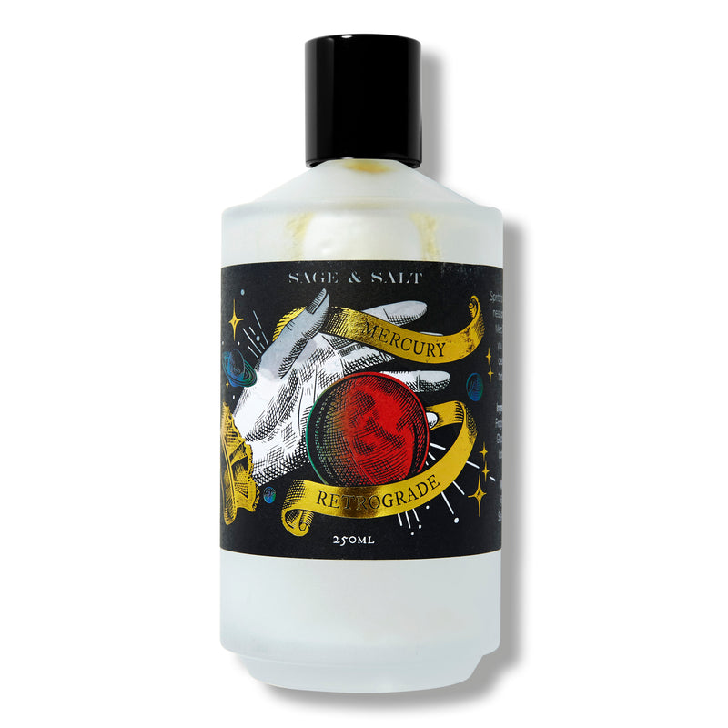 A room spray that helps to cleanse your energy and communication during mercury retrograde through key notes of copal, oud, pepper, and burned resins.