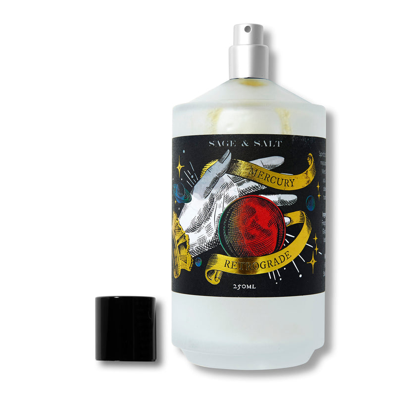 A room spray that helps to cleanse your energy and communication during mercury retrograde through key notes of copal, oud, pepper, and burned resins.