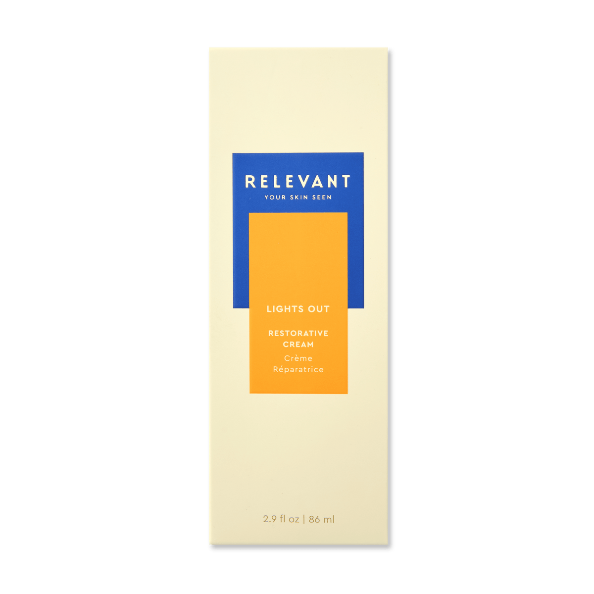 Lights Out Restorative Cream - Thirteen LuneSkincare < Treatments < Face MasksRelevant: Your Skin SeenRELVAN-21273-MAS2.9 ozA tall rectangular cream-colored skincare box with a blue and orange front label reading 'RELEVANT YOUR SKIN SEEN' and 'LIGHTS OUT RESTORATIVE CREAM'.