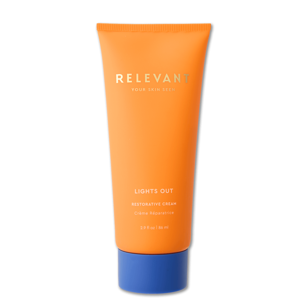 Lights Out Restorative Cream - Thirteen LuneSkincare < Treatments < Face MasksRelevant: Your Skin SeenRELVAN-21273-MAS2.9 ozAn orange squeeze tube of Relevant Lights Out Restorative Cream with a blue cap, centered on a plain white background.