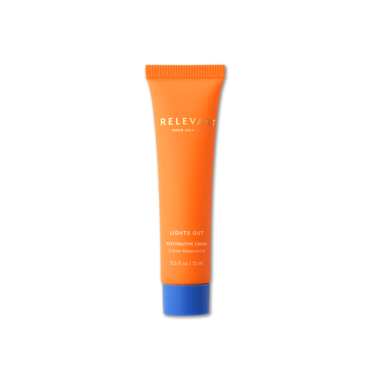 Lights Out Restorative Cream - Thirteen LuneSkincare < Treatments < Face MasksRelevant: Your Skin SeenRELVAN-LO15ML0.5 ozAn orange tube of Relevant Your Skin, Co. 'Lights Out' Restorative Cream with a blue cap, centered on a plain white background.