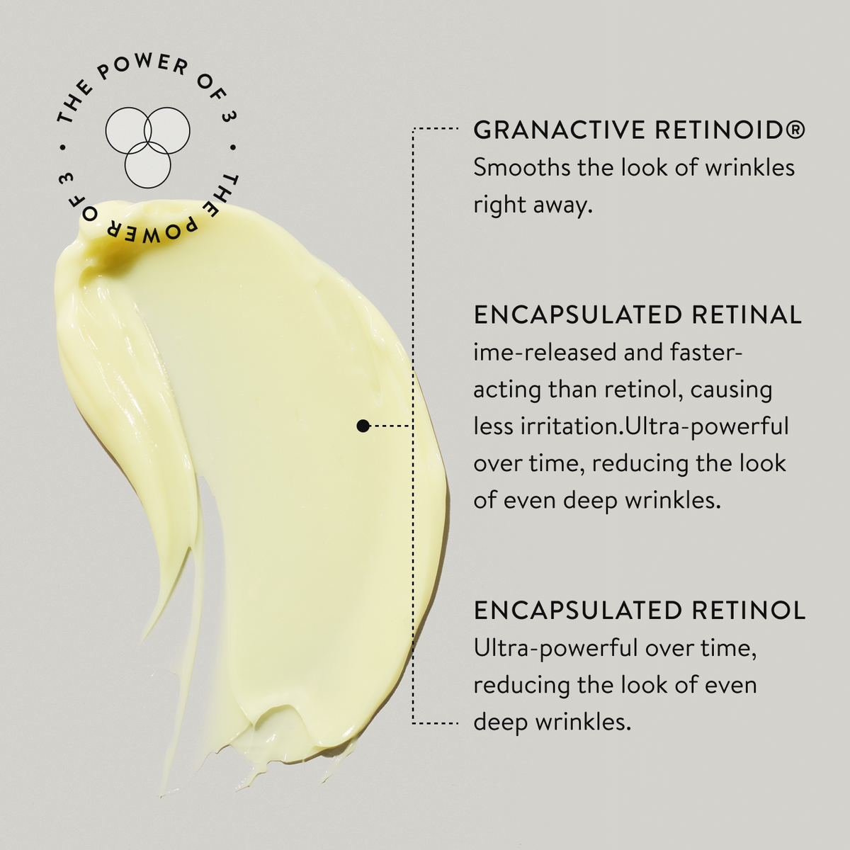Triple-retinoid serum with peptides visibly smooths wrinkles, improves texture, and firms skin with powerful results and minimal irritation.