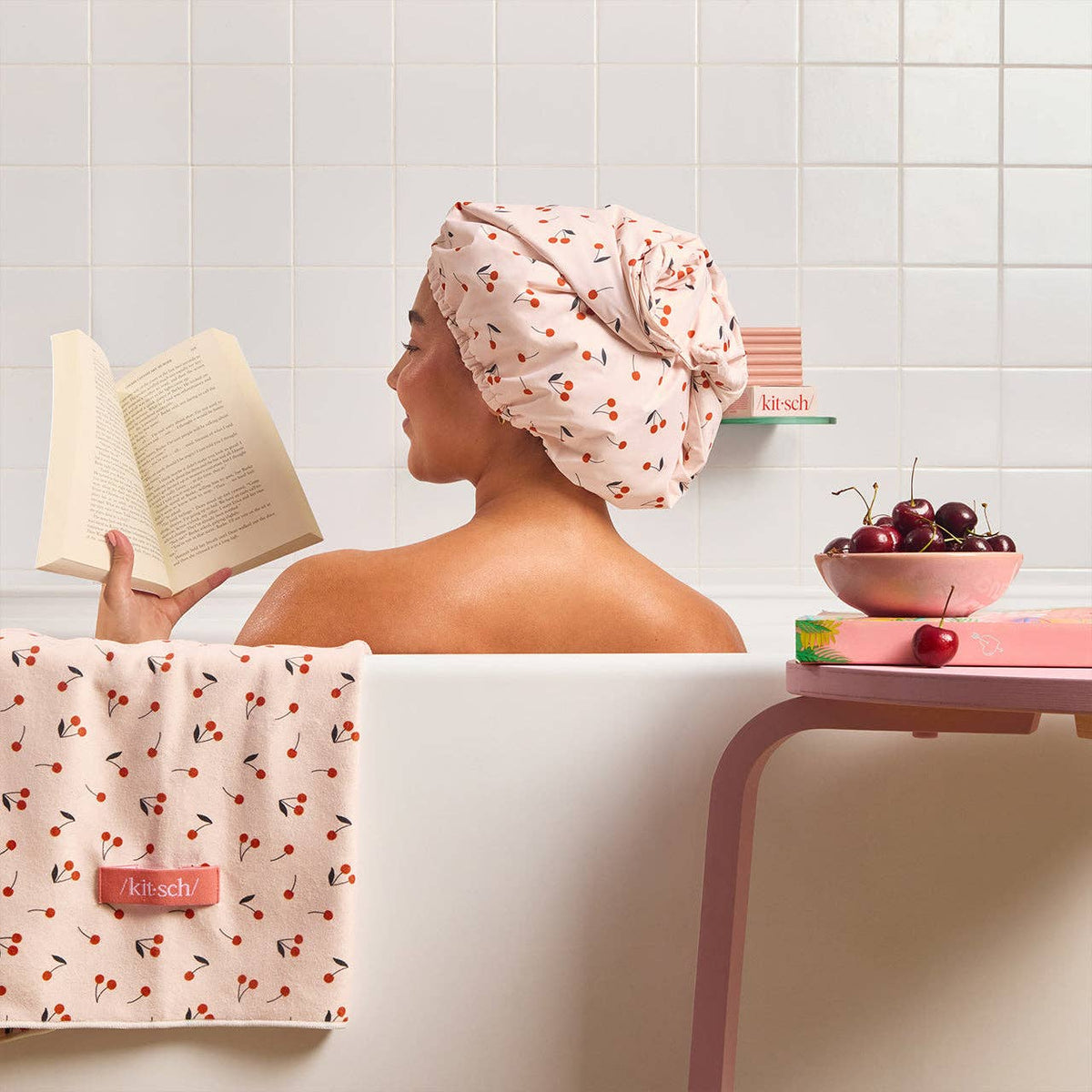 Satin-Lined Flexi Shower Cap - Cherry Print - Thirteen LuneHaircare < ToolsKITSCHSLF-SC-CHP-50934Satin-Lined Flexi Shower Cap - Cherry Print
