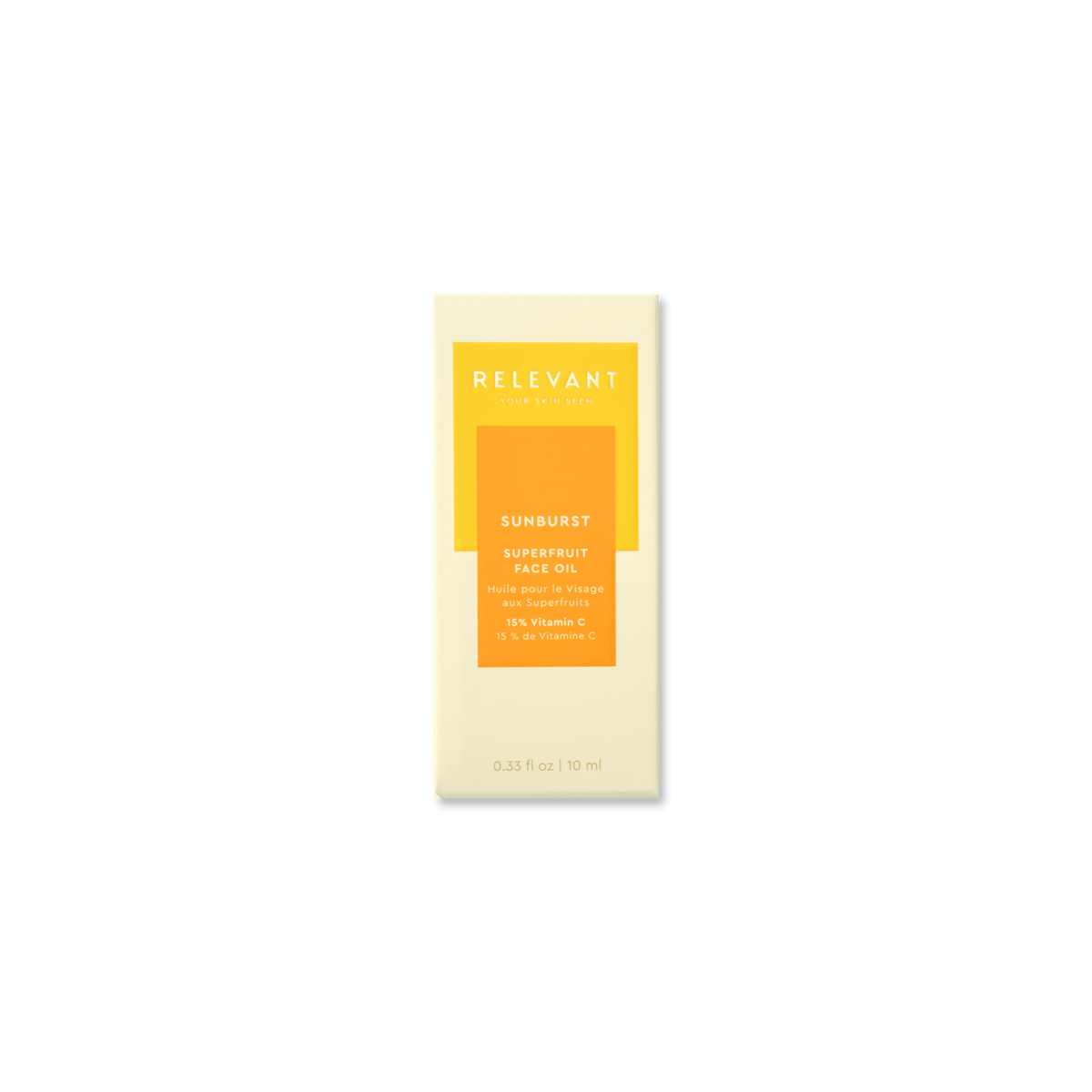Sunburst Superfruit Face Oil - Thirteen LuneSkincare < Moisturizers < Face SerumsRelevant: Your Skin SeenRELVAN-SC10ML10mLA single rectangular box of Relevant Cosmetics Sunburst Superfruit Face Oil, featuring a cream-colored body with a bright yellow and orange label, centered on a plain white background.