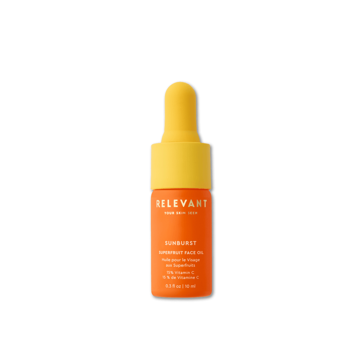 Sunburst Superfruit Face Oil - Thirteen LuneSkincare < Moisturizers < Face SerumsRelevant: Your Skin SeenRELVAN-SC10ML10mLA bottle of Relevant Your Skin Gold Sunburst Superfruit Face Oil with a bright orange body and a yellow dropper cap, centered on a plain white background.