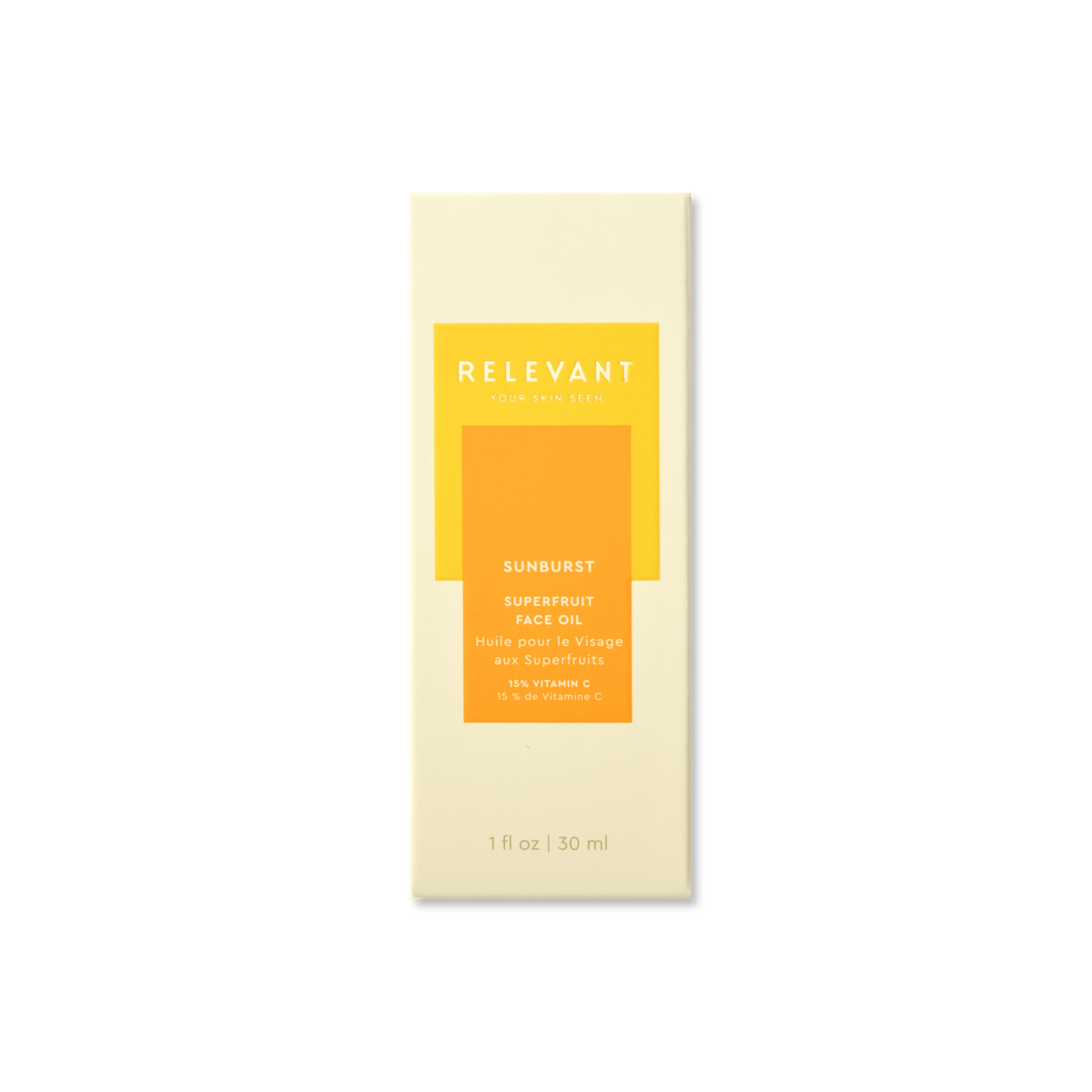 Sunburst Superfruit Face Oil - Thirteen LuneSkincare < Moisturizers < Face SerumsRelevant: Your Skin SeenRELVAN-21282-SUN1 ozRelevant Your Skin Sunburst Superfruit Face Oil in a cream-colored rectangular box with yellow and orange graphic accents, shown on a plain white background.