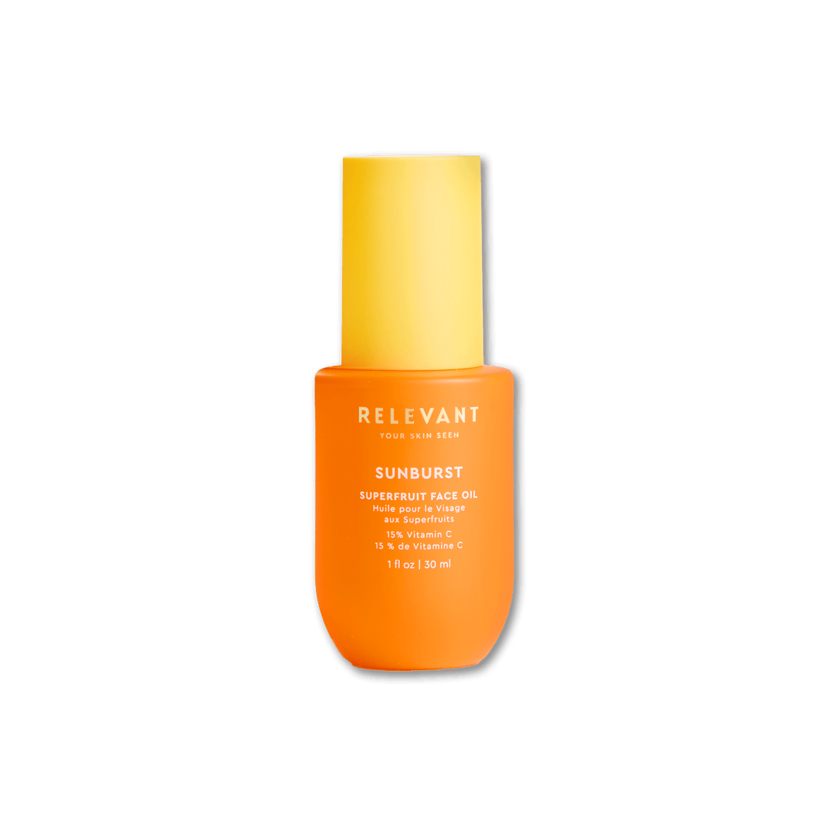 Sunburst Superfruit Face Oil - Thirteen LuneSkincare < Moisturizers < Face SerumsRelevant: Your Skin SeenRELVAN-21282-SUN1 ozA bottle of Relevant Skin Care Sunburst Superfruit Face Oil in a vibrant orange color with a yellow cap, centered on a plain white background.
