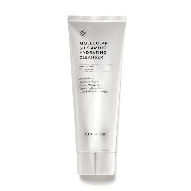 Allies of Skin | Molecular Silk Amino Hydrating Cleanser | A sulfate-free universal cleanser that is supercharged with a hydrating blend of Antioxidants, Silk Amino Acids, Hyaluronic Acid, and Organic Safflower and Moringa Oils. It gently removes dirt and grime, without ever stripping the skin.