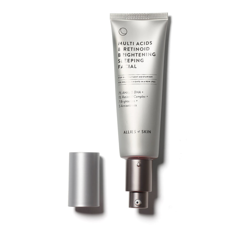 Allies of Skin | Multi Acids & Retinoid Brightening Sleeping Facial | A leave-on sleeping peel supercharged with a blend of 7% AHAs + BHA, 1% Retinoid Complex, and 7 Brighteners in a Probiotics Microbiome-boosting hydration gel to give skin the effects of a professional facial overnight.