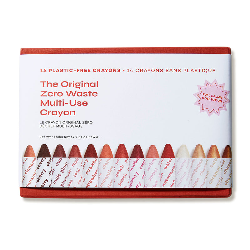A set of 14 plastic-free crayons in various shades for the eyes, lips, and cheeks that provides a moisturizing, semi-matte finish. 
