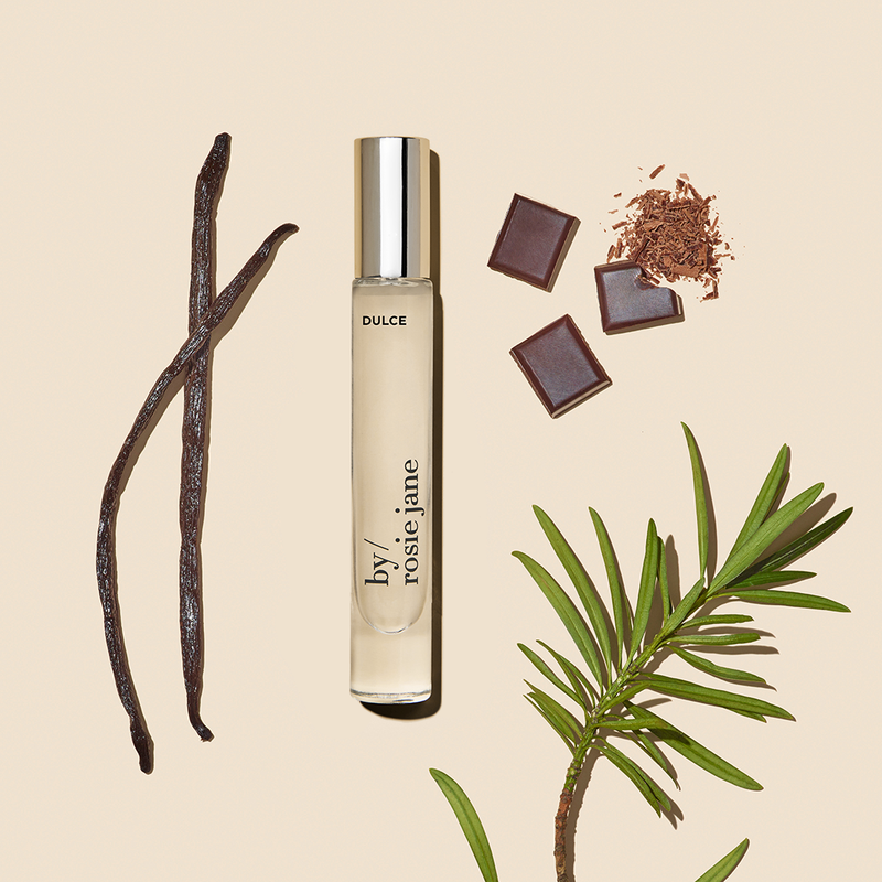 A travel-sized fragrance with notes of vanilla, hinoki wood, and nude musk that can be worn alone or layered.