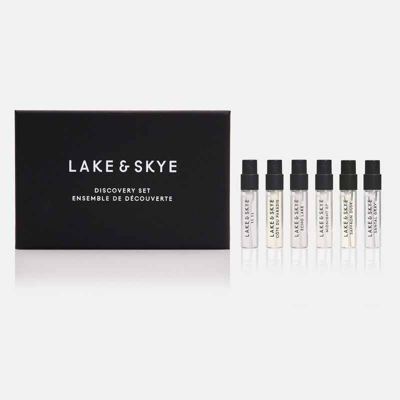 A 6-piece fragrance discovery set that features 2ml eau de parfum spray vials of 11 11, Santal Gray, Saffron Dusk, Midnight 07, Cote du Paradis, and Echo Lake.