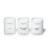 A trio of mini candles that include the 11 11 in notes of white ambers and musk, Santal Gray in notes of sandalwood and violet leaf, and Wild Grass & Sage in notes of lemon leaves and sage.