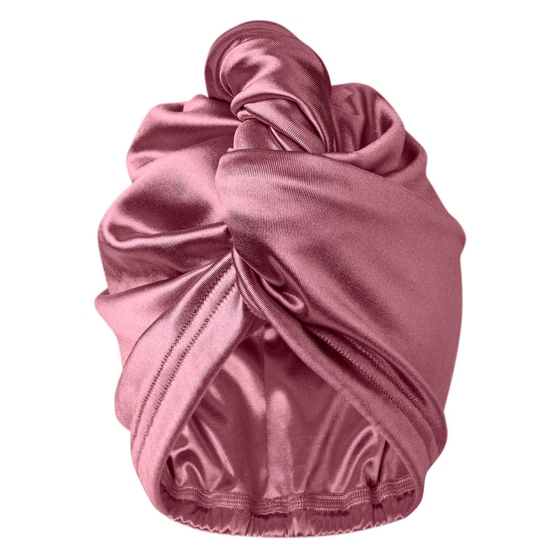 An ultra-lightweight satin hair wrap with a no slip design that protects smaller heads and fine hair from environmental stressors during the day and from sheets at night.